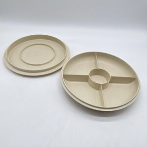 VTG Beige Plastic Divided Serving Tray w/ Base Lid Set 10” Snack Appetizer USA